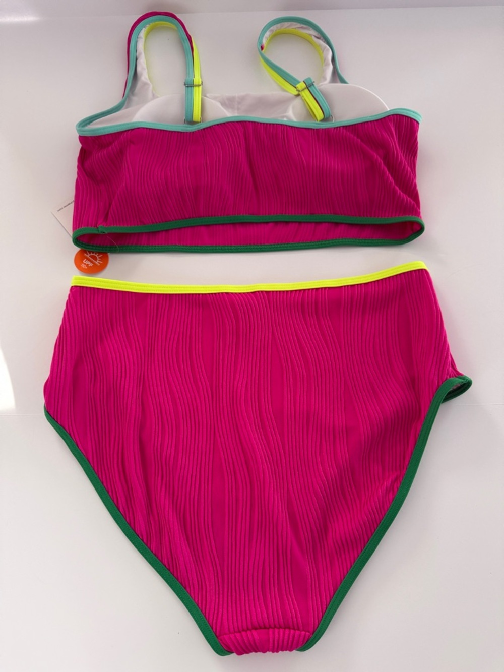 CHARMO || Neon Pink Ribbed High-Waist Bikini Set with Contrast Trim. Sz. XL - Picture 11 of 16